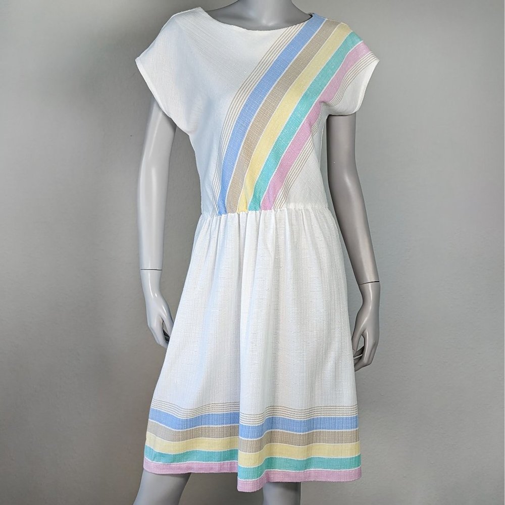 Vintage 70s Sears Fashion Place Lightweight Rainbow Dress | S/M